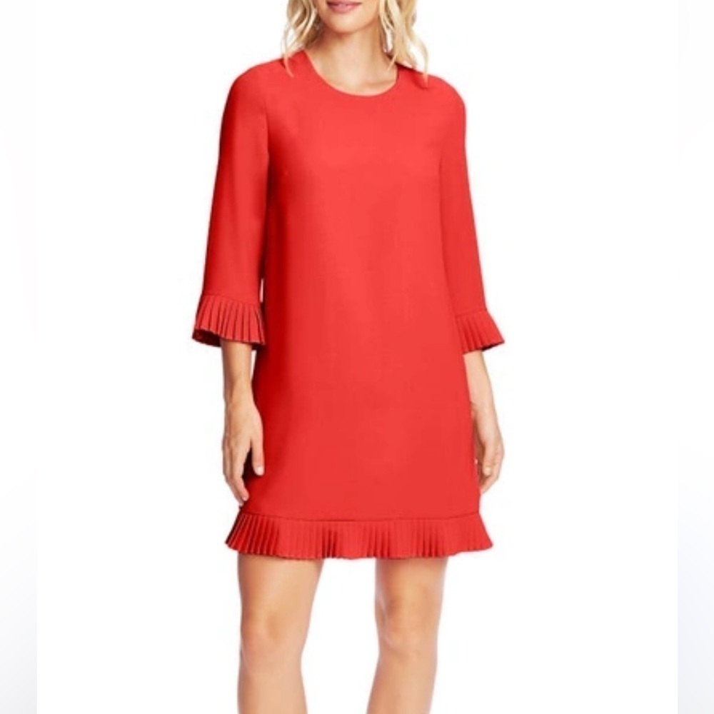 Cece Women's Red Pleated Shift Dress 3/4 Bell Sleeve Knee Length s